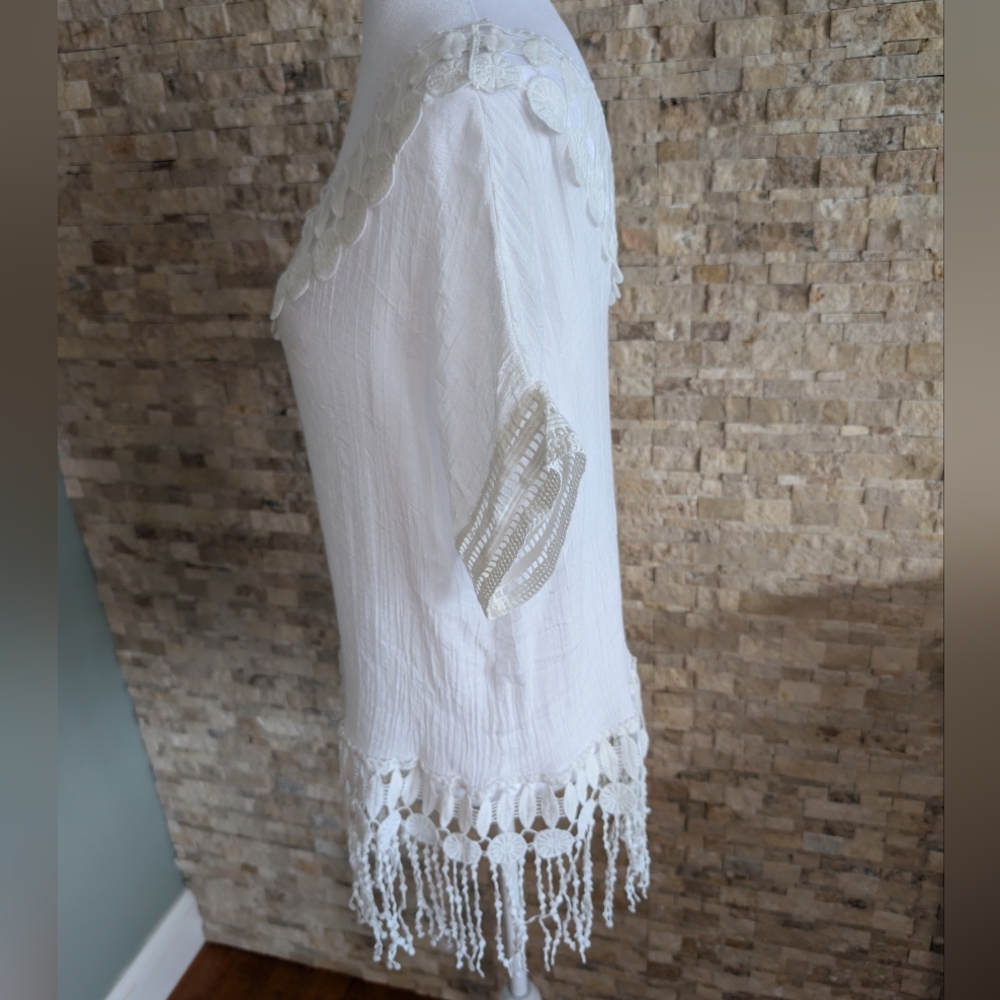 White Crochet Fringe Trim Beach Wear Women's Top Swim Cover Up Shirt Resortwear image 2